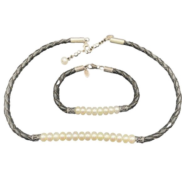 IWI Jewelry - Necklace & Bracelet Set Sterling Silver Freshwater Pearls Braided Black Leather